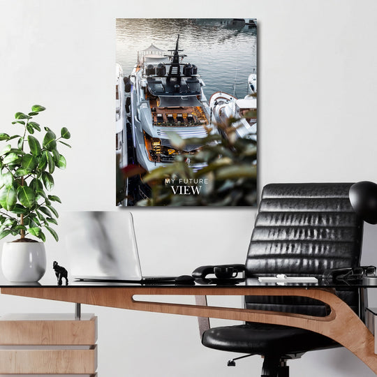 Motivational wall art with a luxury yacht at sunset and the text “My Future View”