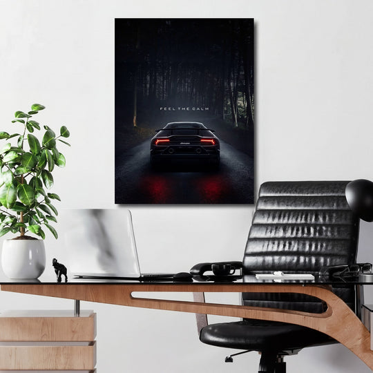 Motivational canvas print with a luxury Lamborghini on a night road and the quote “Feel the Calm”