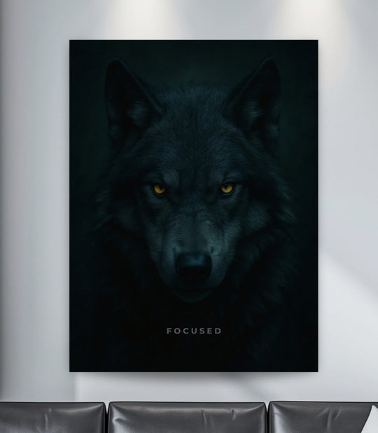 Motivational canvas wall art with a minimalist wolf portrait and piercing eyes in a modern living room.