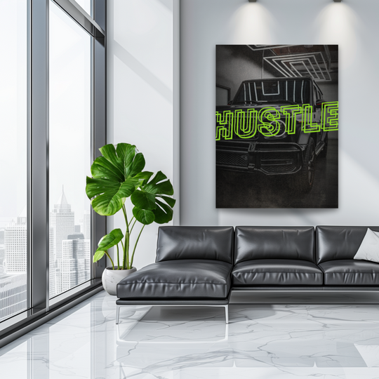Luxury canvas wall art with a black Mercedes G-Class and neon HUSTLE sign in a modern interior.