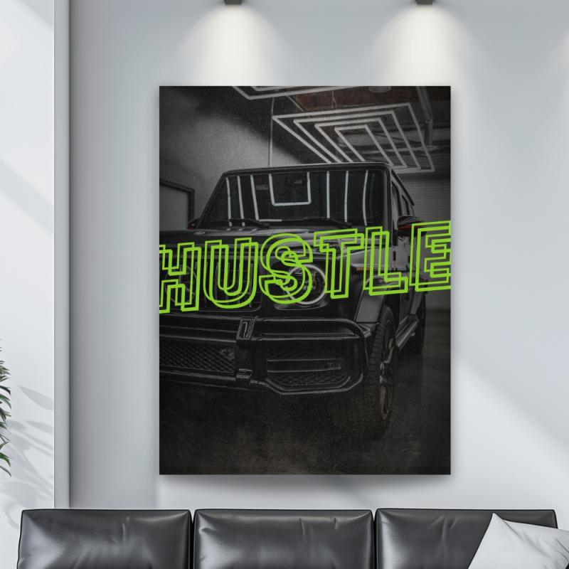 Black and white Mercedes G-Class HUSTLE motivational canvas wall art in an interior.