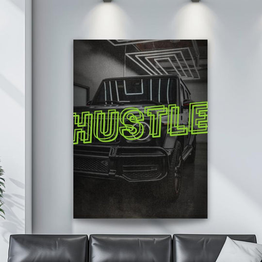 Black and white Mercedes G-Class HUSTLE motivational canvas wall art in an interior.