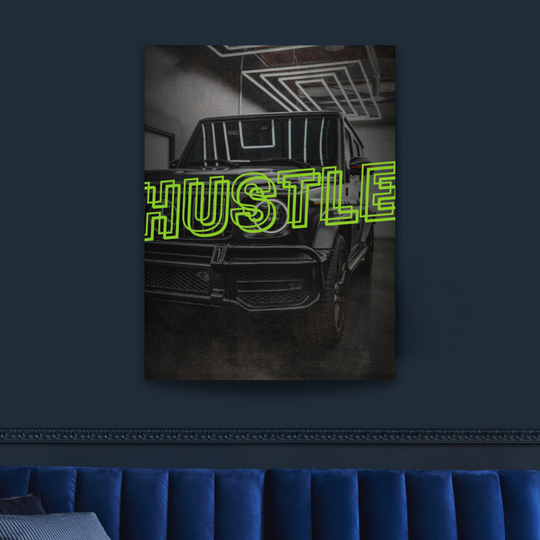 Motivational canvas wall art with a Mercedes G-Class and neon HUSTLE sign above a blue sofa.
