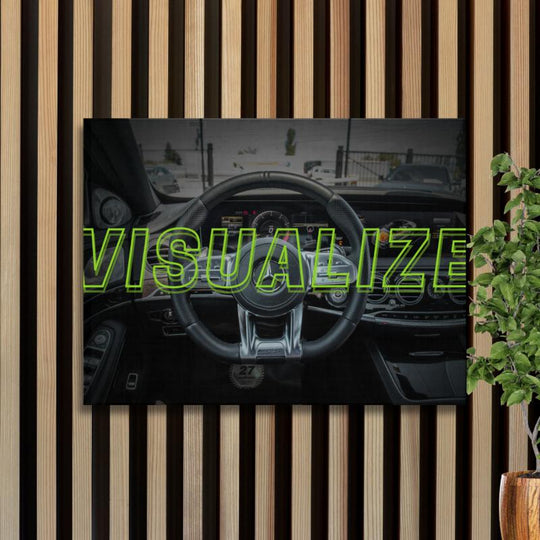 Motivational wall art with a Mercedes-AMG interior view, steering wheel and green "VISUALIZE" text