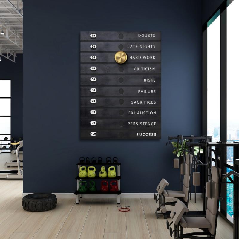 Motivational gym wall art with a journey from doubt to success chart and a gold dial set to Hard Work.