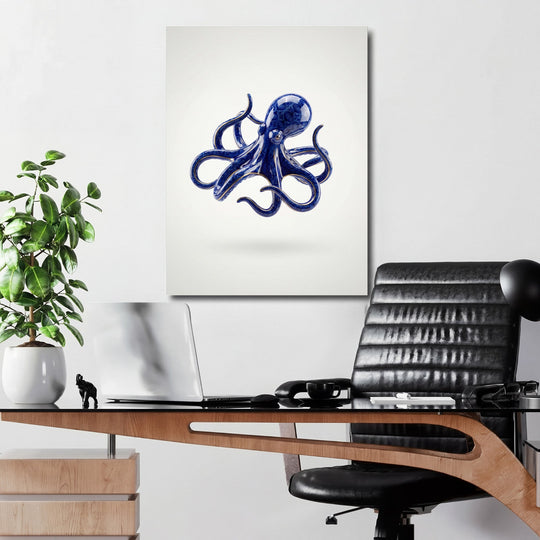 Modern canvas print with a blue octopus above an office desk in a home office, minimalist interior