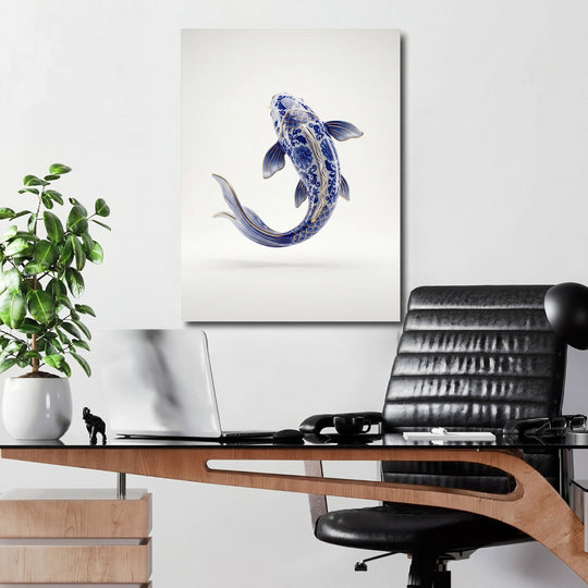 Motivational canvas print with a blue-and-white porcelain carp in a modern office