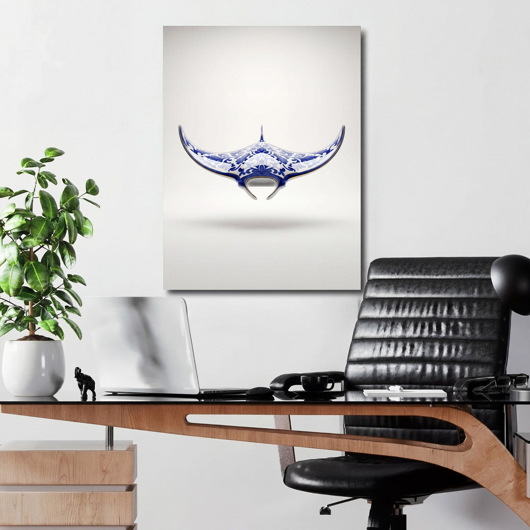 Modern canvas print with a blue-and-white ornamental manta ray hanging on a wall in a home office