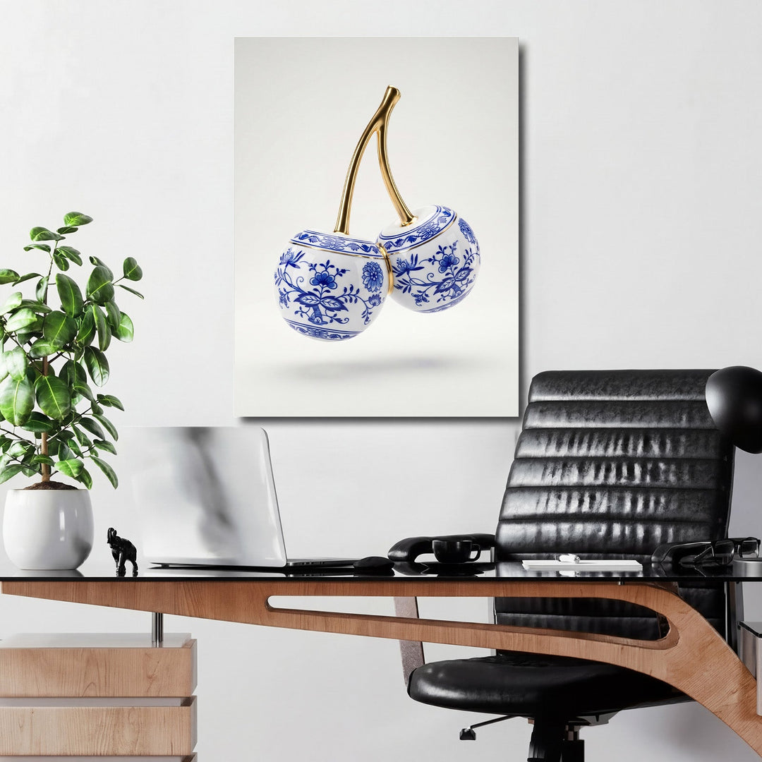 Modern canvas print with porcelain cherries in blue-and-white decor and a gold stem in an office
