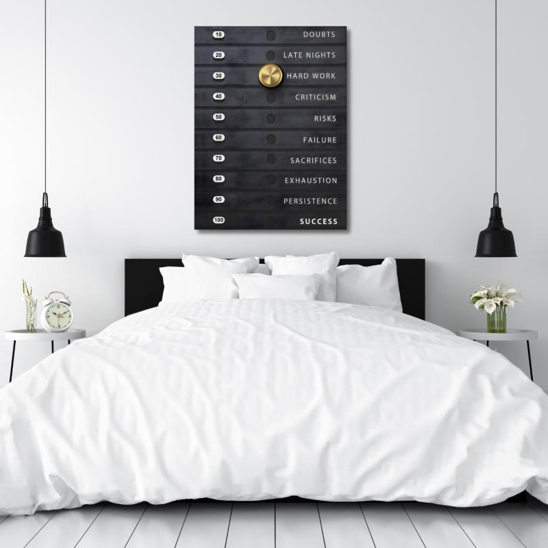 Motivational bedroom wall art with a minimalist dial symbolizing hard work and success.