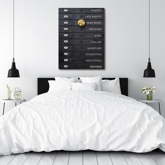 Motivational bedroom wall art with a minimalist dial symbolizing hard work and success.