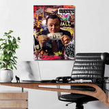 Motivational pop art canvas print with a man holding a dollar, Lamborghini, bull and luxury watch