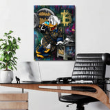 Pop art motivational wall art with Scrooge McDuck by a safe full of gold coins and Bitcoin graffiti in an office