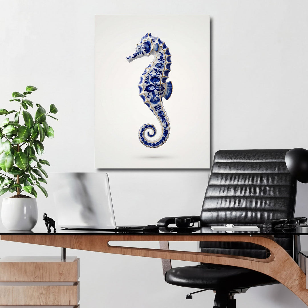 Modern canvas print with a blue-and-white seahorse above a desk in a minimalist office