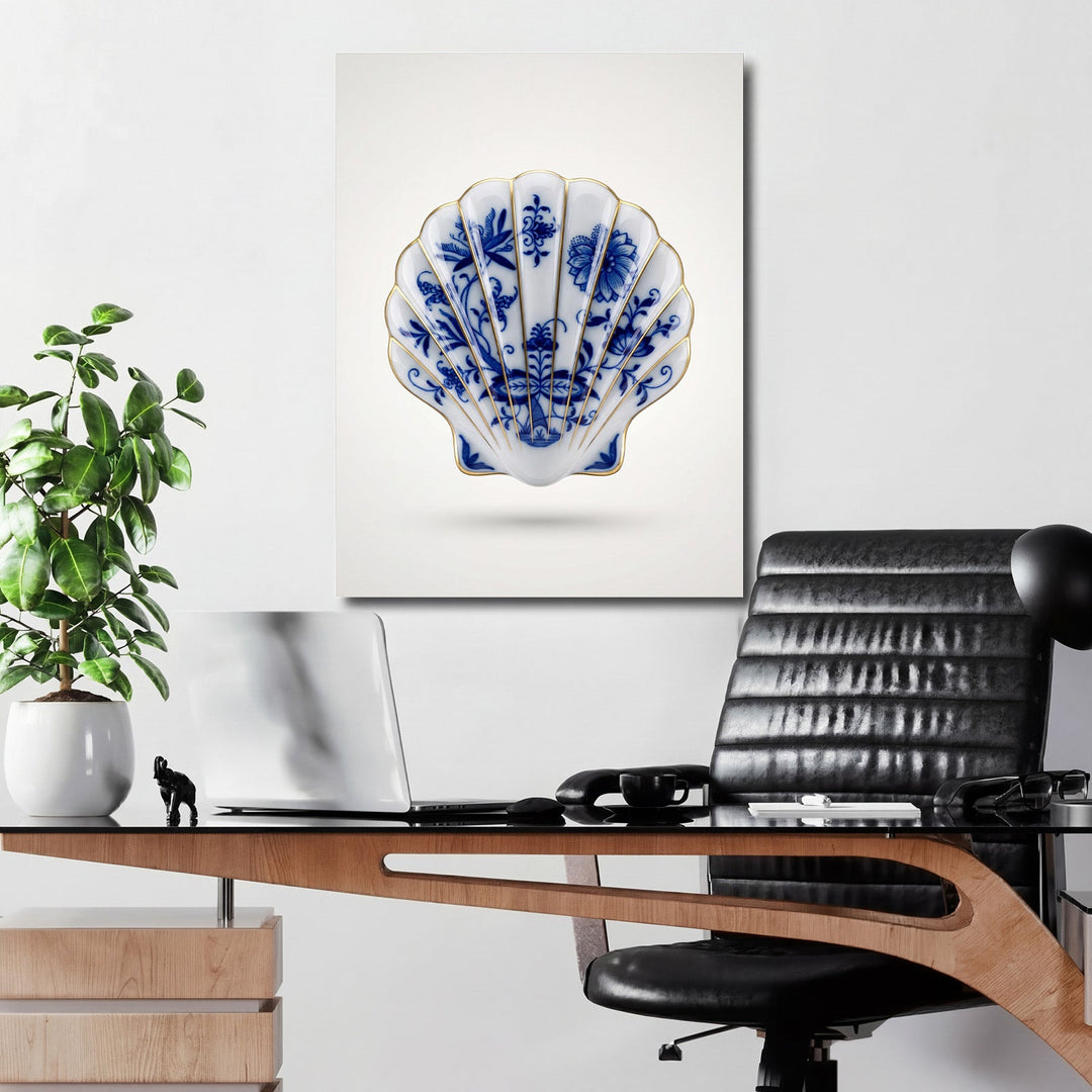 Modern wall art with a porcelain shell and blue floral pattern in a minimalist office