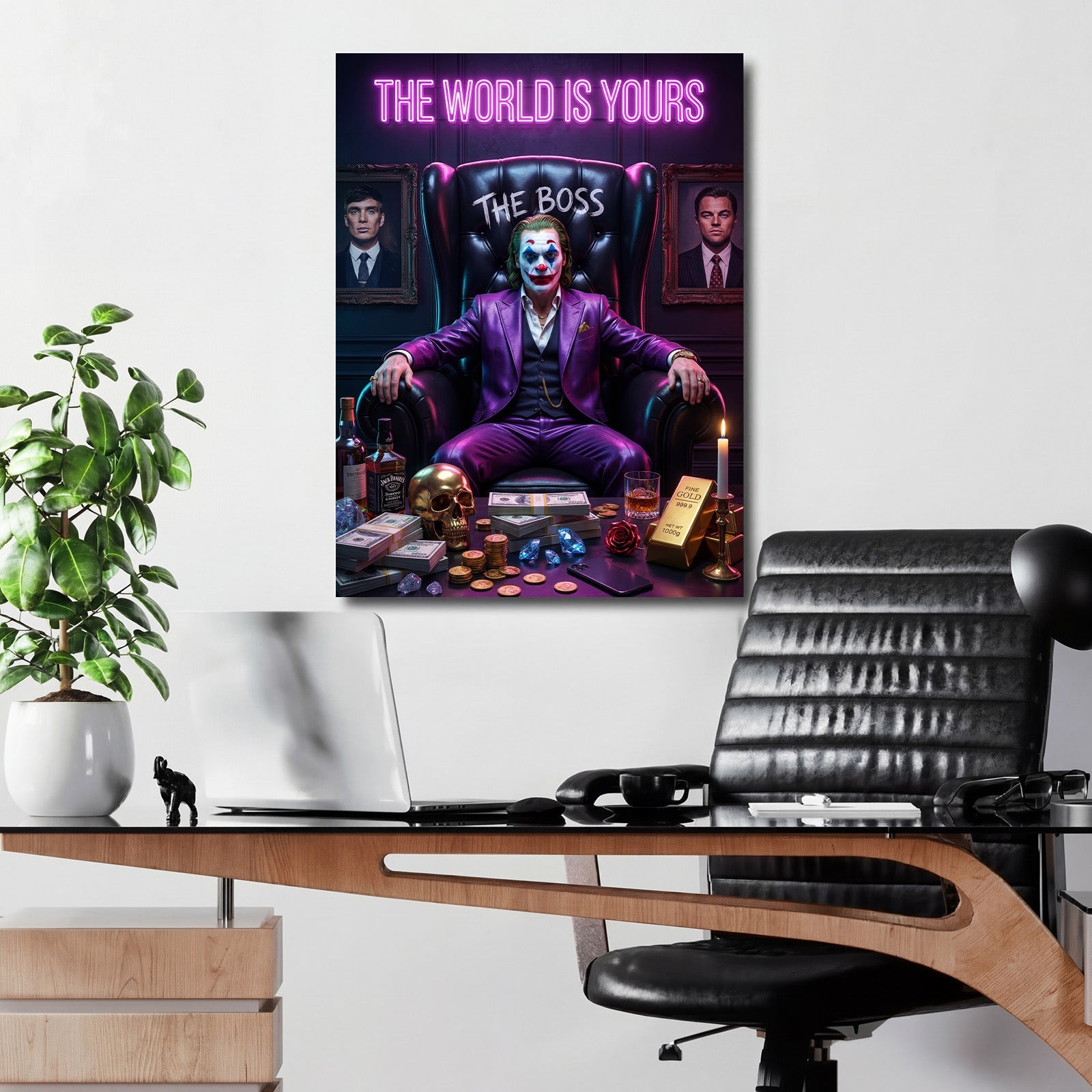 Motivational wall art with a clown in an armchair surrounded by banknotes, gold and diamonds in a pop art style