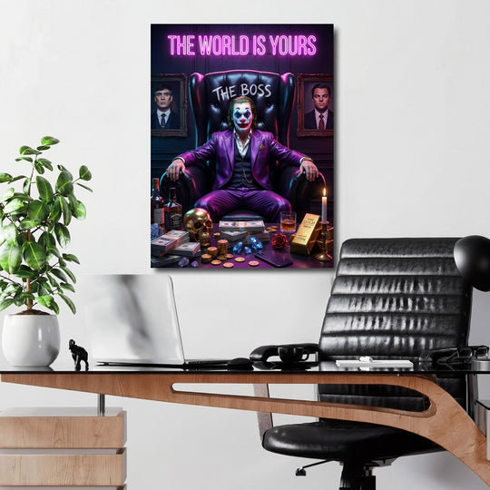 Motivational wall art with a clown in an armchair surrounded by banknotes, gold and diamonds in a pop art style