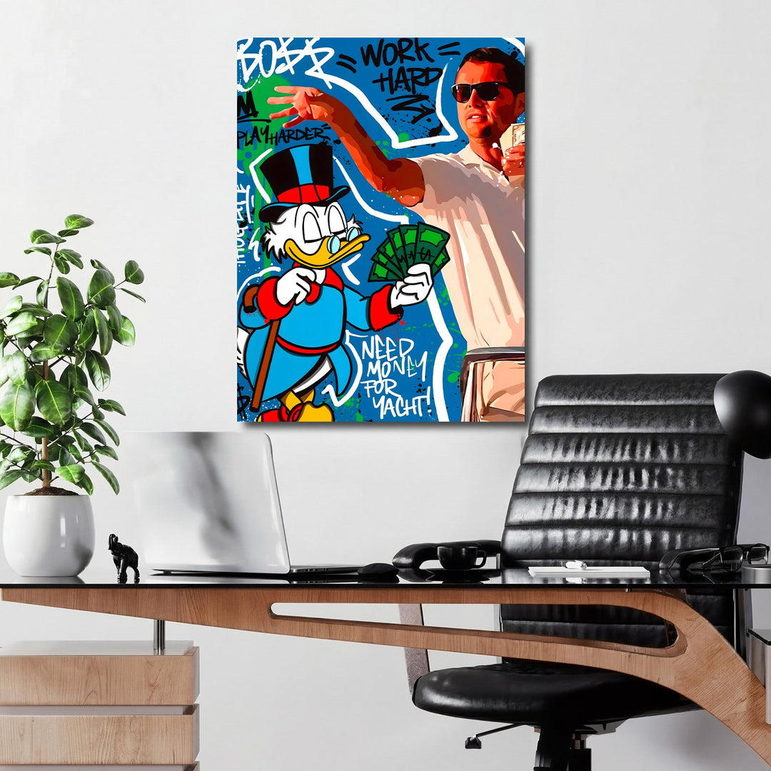 Motivational pop art canvas print for an office with Scrooge McDuck, a Wolf of Wall Street motif and money