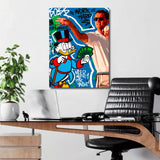 Motivational pop art canvas print for an office with Scrooge McDuck, a Wolf of Wall Street motif and money