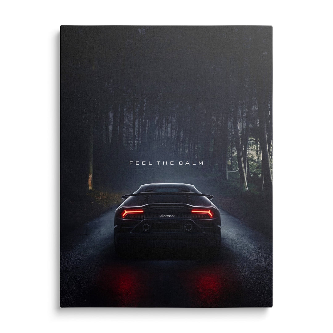 Luxury canvas print with the night silhouette of a Lamborghini Huracan on a forest road, front view