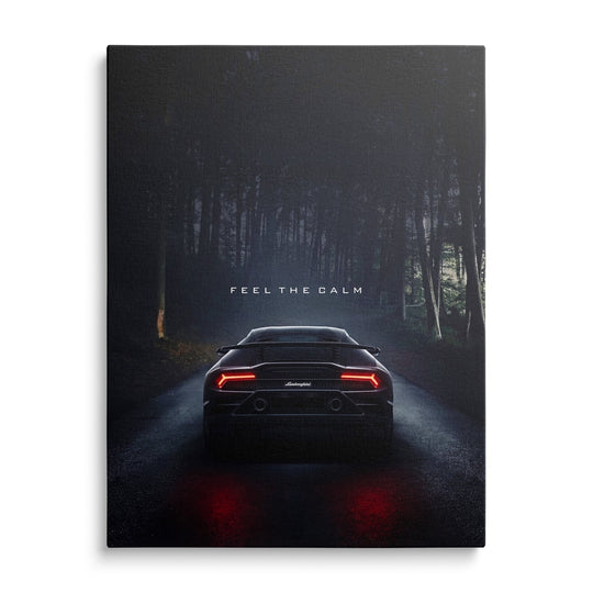 Luxury canvas print with the night silhouette of a Lamborghini Huracan on a forest road, front view