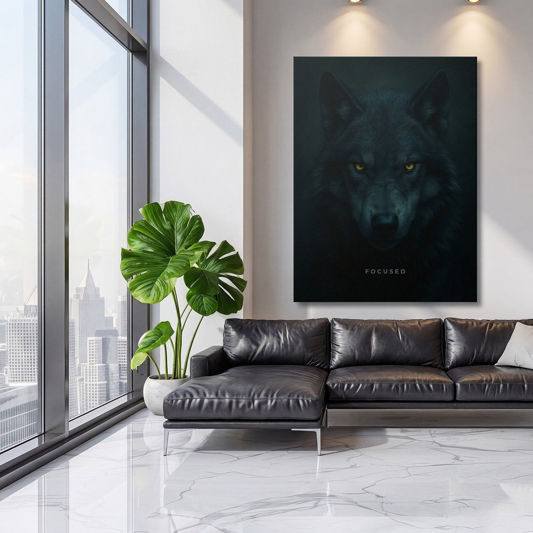 Motivational wall art with a dark wolf head and FOCUSED text in a luxury modern living room.