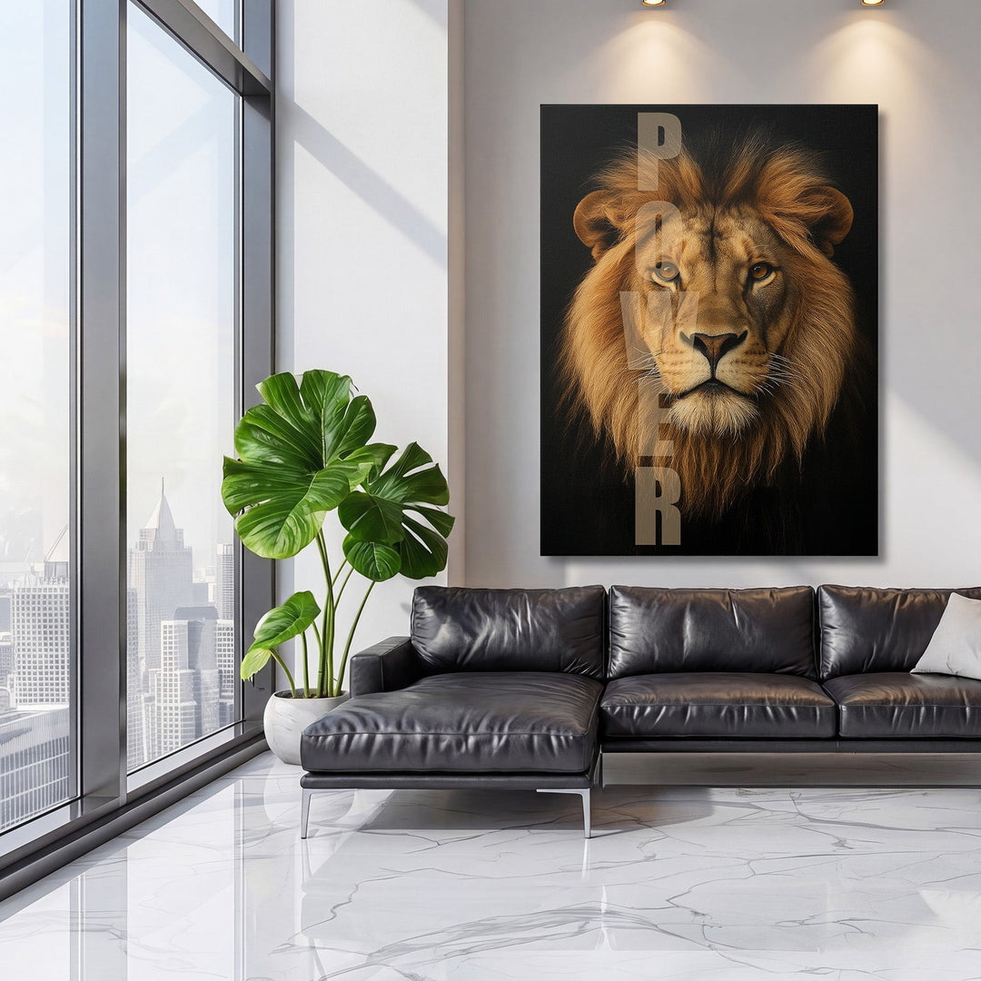 Luxury canvas wall art with a detailed lion head and POWER text in a modern living room, lifestyle decor.