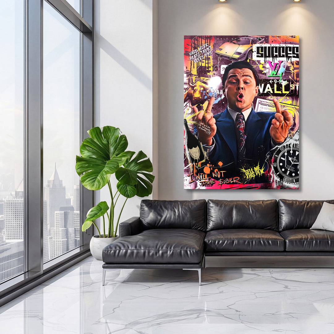 Pop art wall art for a living room with a motivational collage of a man in a suit, middle fingers, luxury car and watch