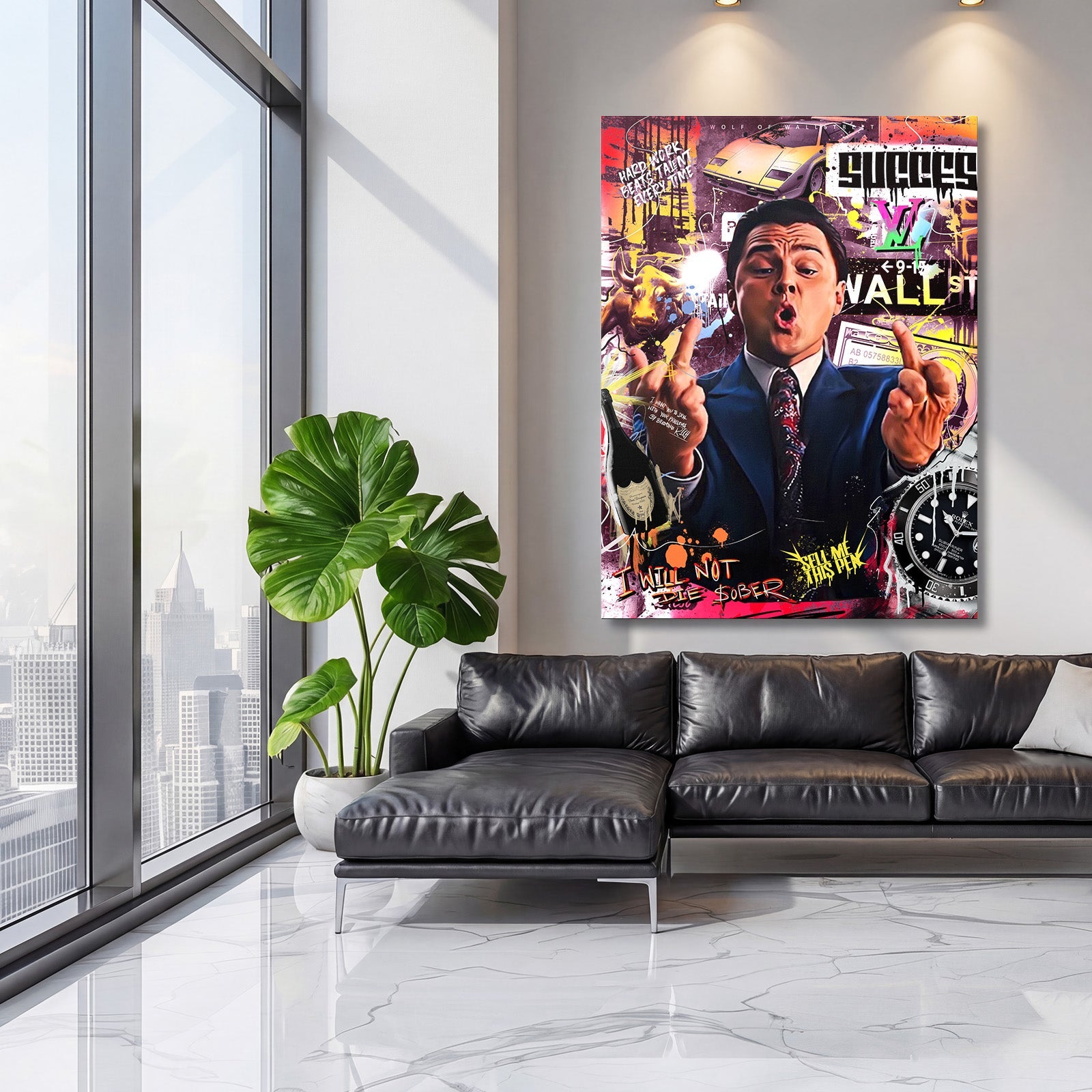 Pop art wall art for a living room with a motivational collage of a man in a suit, middle fingers, luxury car and watch