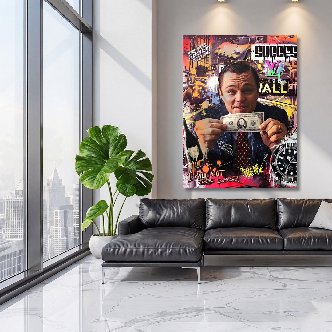 Motivational pop art canvas print in a modern living room with a luxury car, dollar, bull and watch