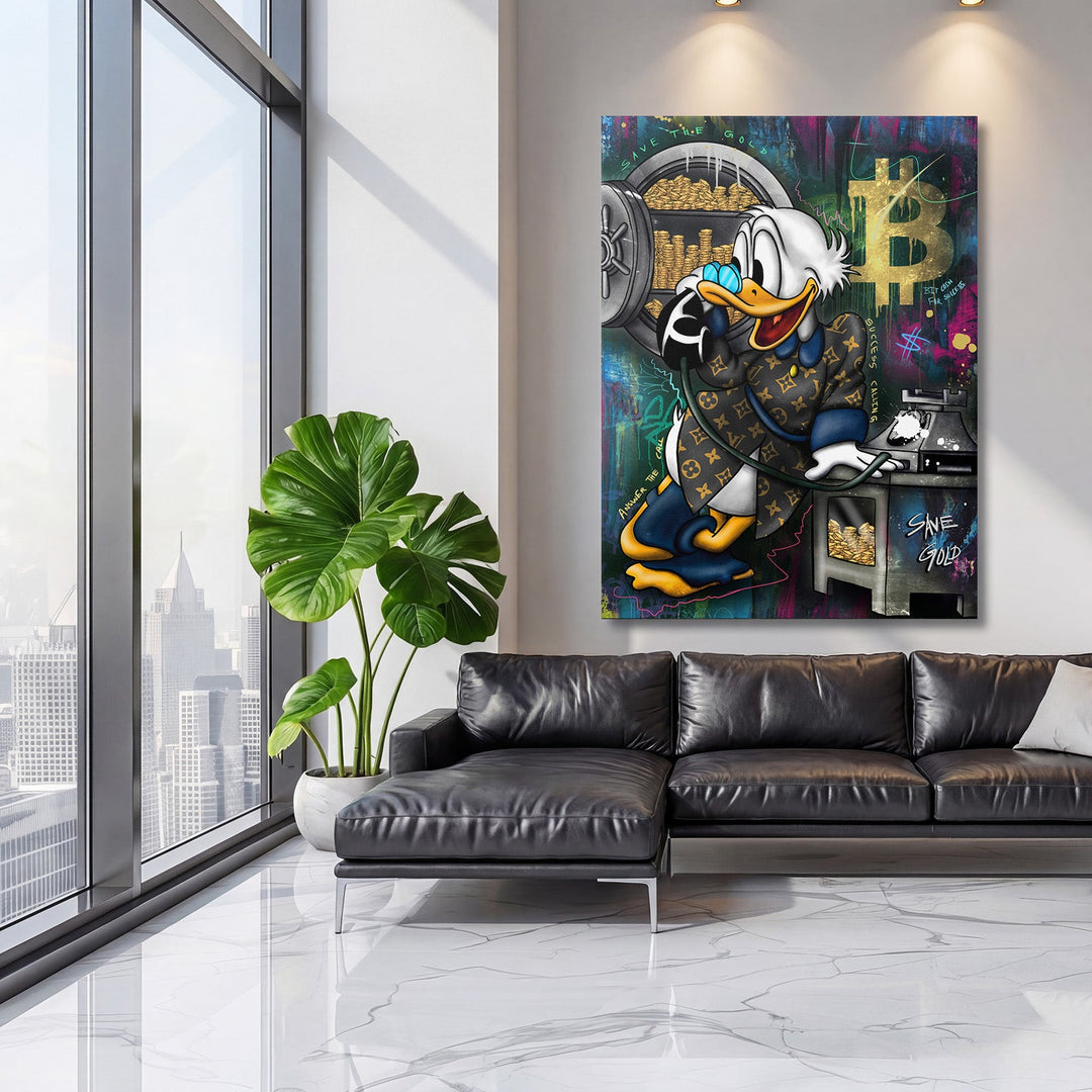 Luxury wall art with Scrooge McDuck in an LV monogram, Bitcoin and gold in a modern living room