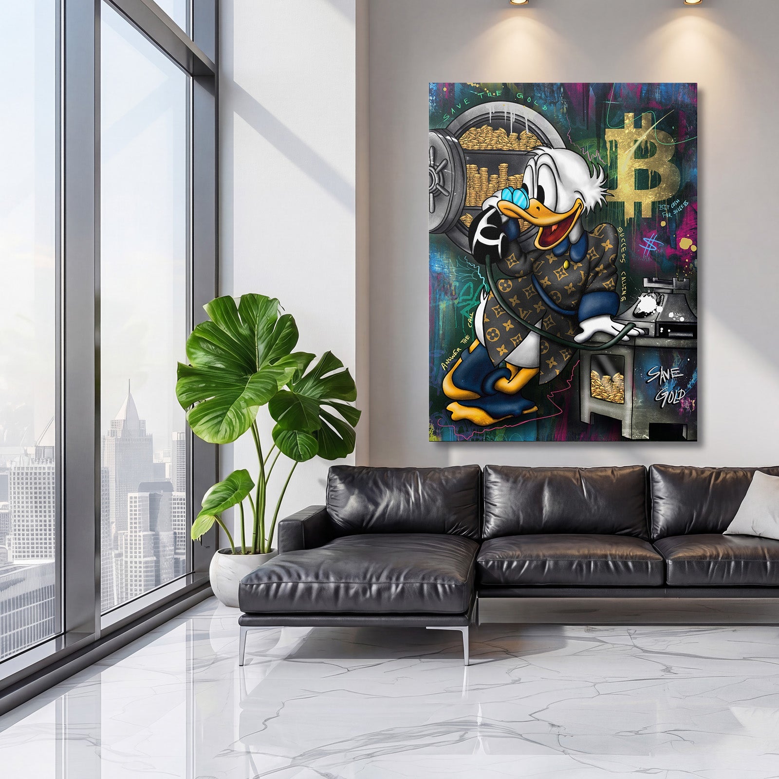 Luxury wall art with Scrooge McDuck in an LV monogram, Bitcoin and gold in a modern living room