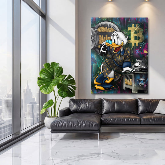 Luxury wall art with Scrooge McDuck in an LV monogram, Bitcoin and gold in a modern living room