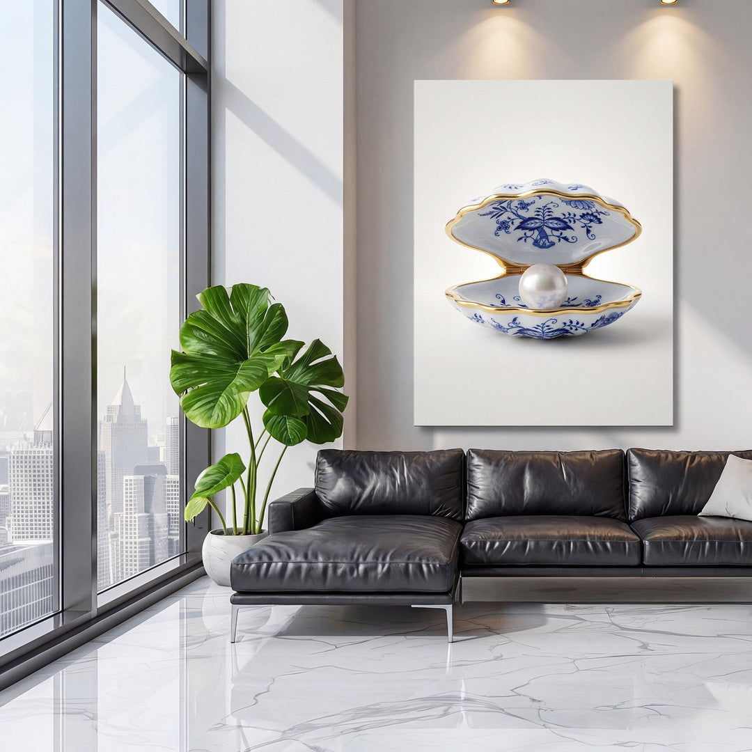 Luxury wall art with a pearl shell in blue-white-and-gold decor, hanging in an elegant modern living room