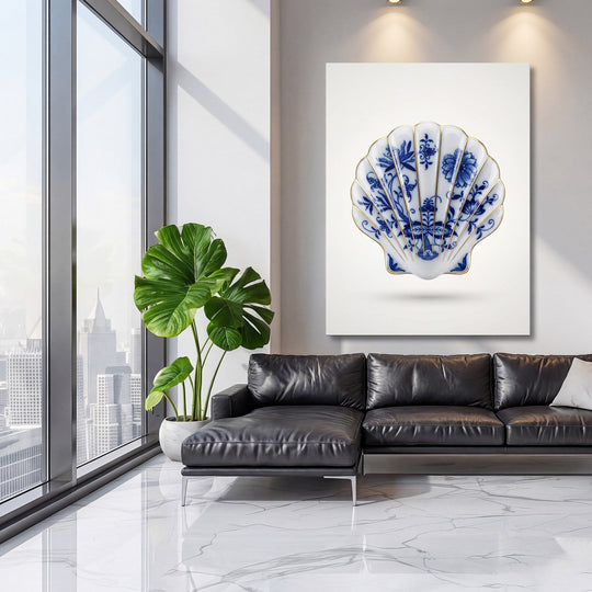 Motivational canvas print with a blue-and-white porcelain shell in a minimalist modern living room