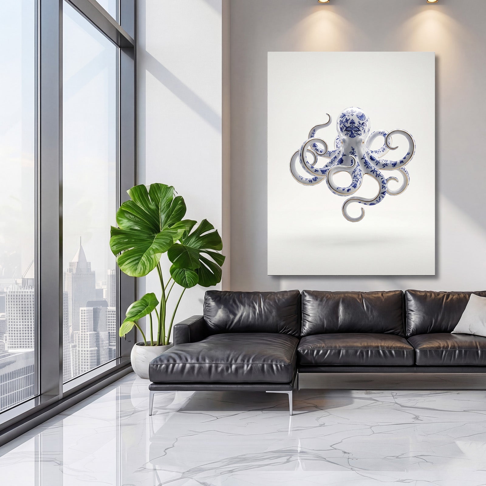 Modern wall art: minimalist blue-and-white porcelain octopus in a luxury living room