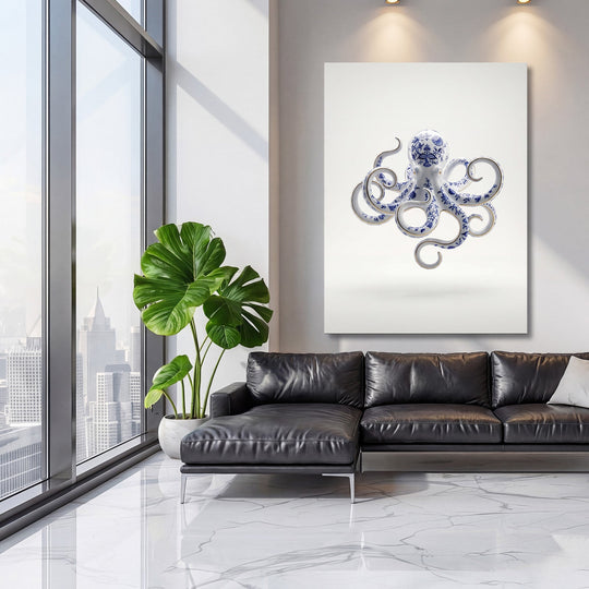 Modern wall art: minimalist blue-and-white porcelain octopus in a luxury living room