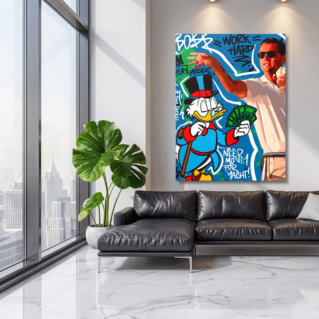 Motivational pop art canvas print with Scrooge McDuck and graffiti dollars in a modern living room