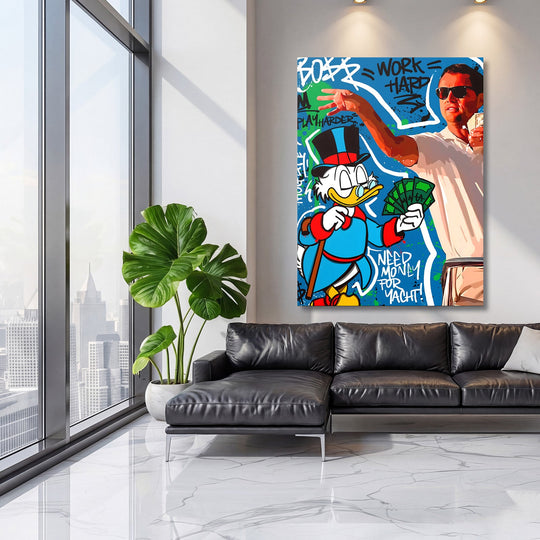 Motivational pop art canvas print with Scrooge McDuck and graffiti dollars in a modern living room