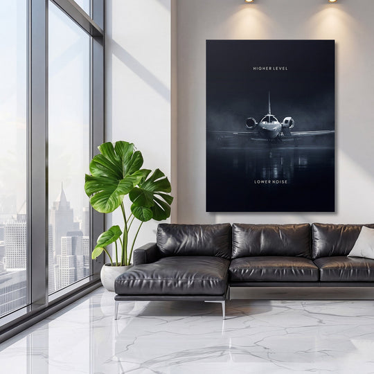 Motivational wall art for the living room with a luxury jet in a minimalist design and an inspirational quote