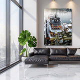 Luxury canvas print with a yacht in a marina in a modern living room, elegant nautical lifestyle