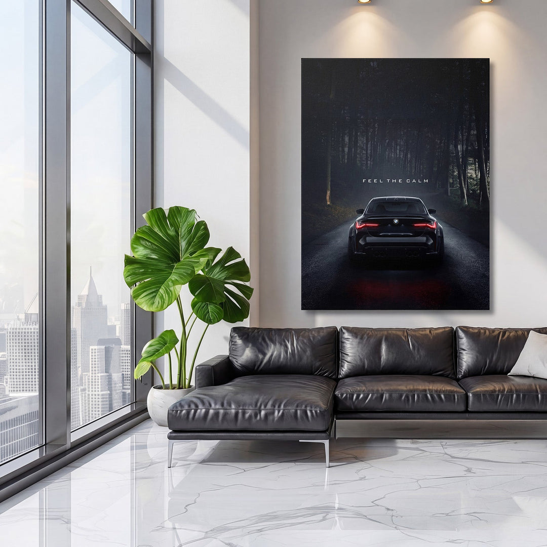 Luxury wall art with a BMW on a forest road in a living room, lifestyle decor for performance and a calm drive