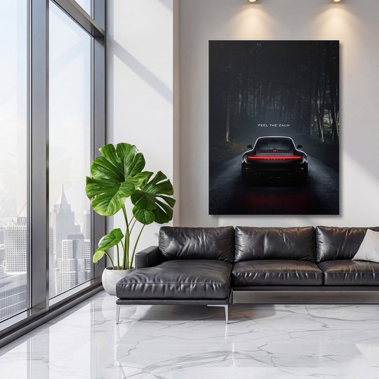 Luxury canvas wall art with night Porsche in forest, minimalist wall art for the wall for a modern living room
