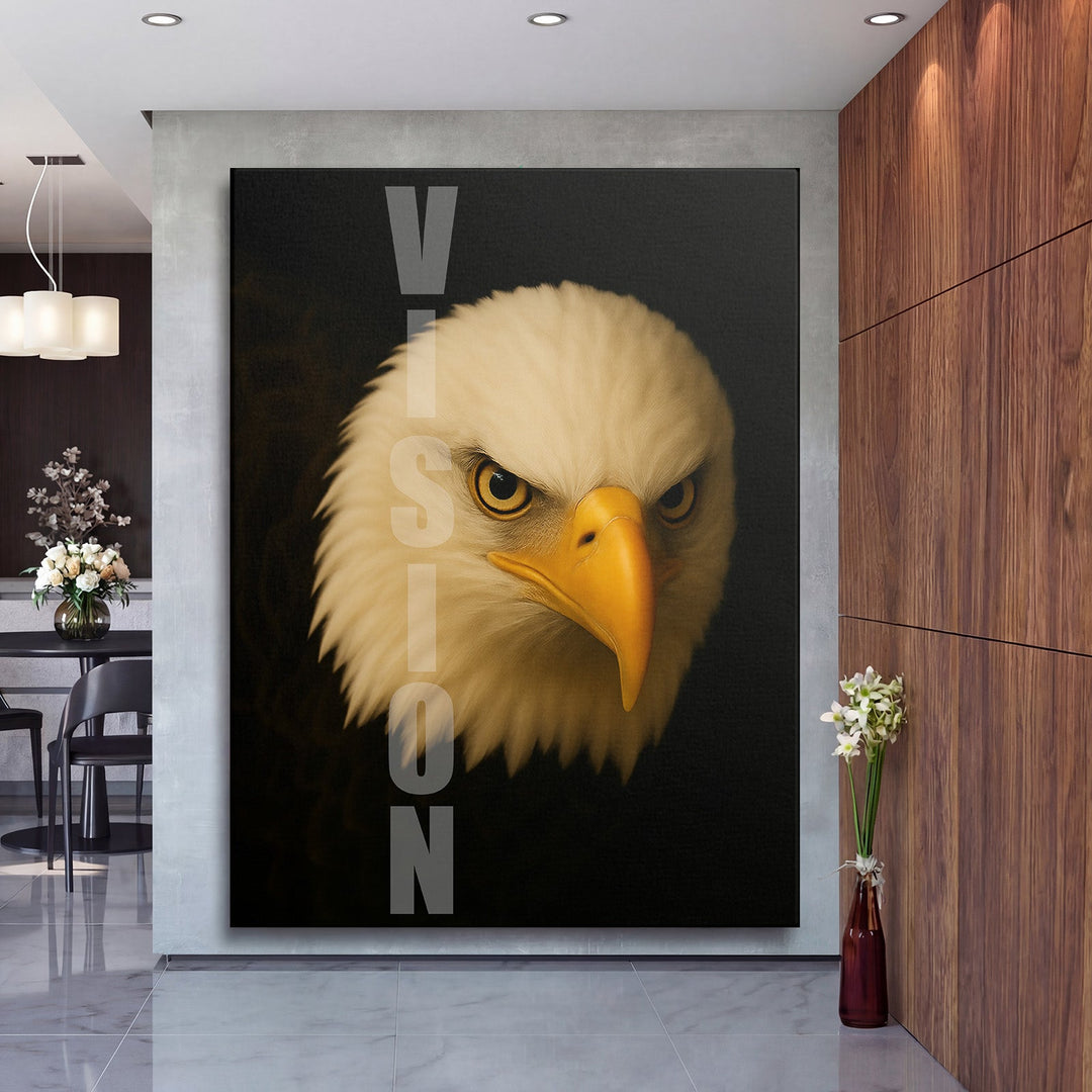 Luxury canvas wall art with an eagle and vertical VISION text in a modern minimalist interior.
