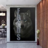 Motivational wall art with a wolf and FOCUS text in a luxury modern interior, black and white lifestyle motif.