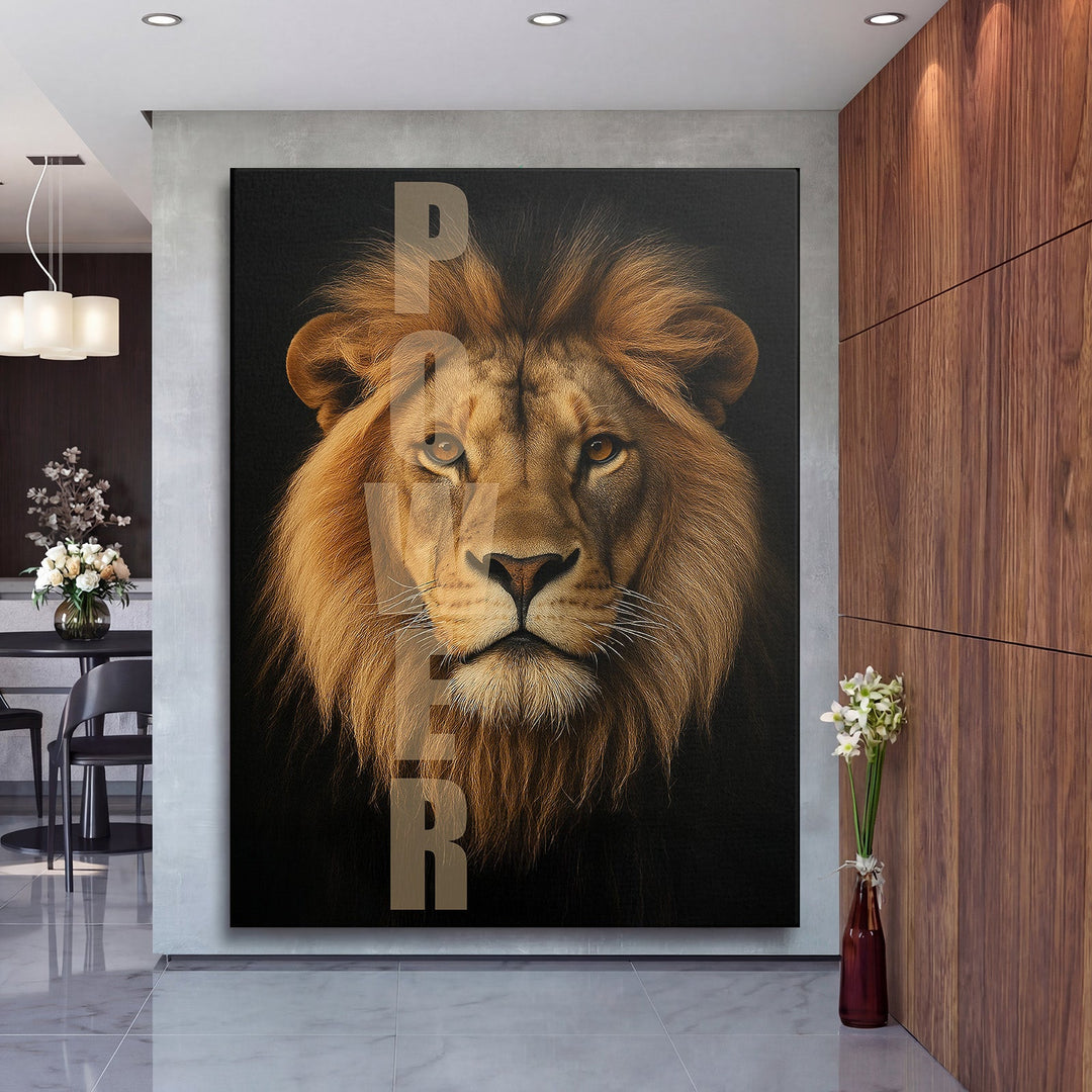 Motivational canvas wall art with a majestic lion and minimalist POWER text in a modern interior.