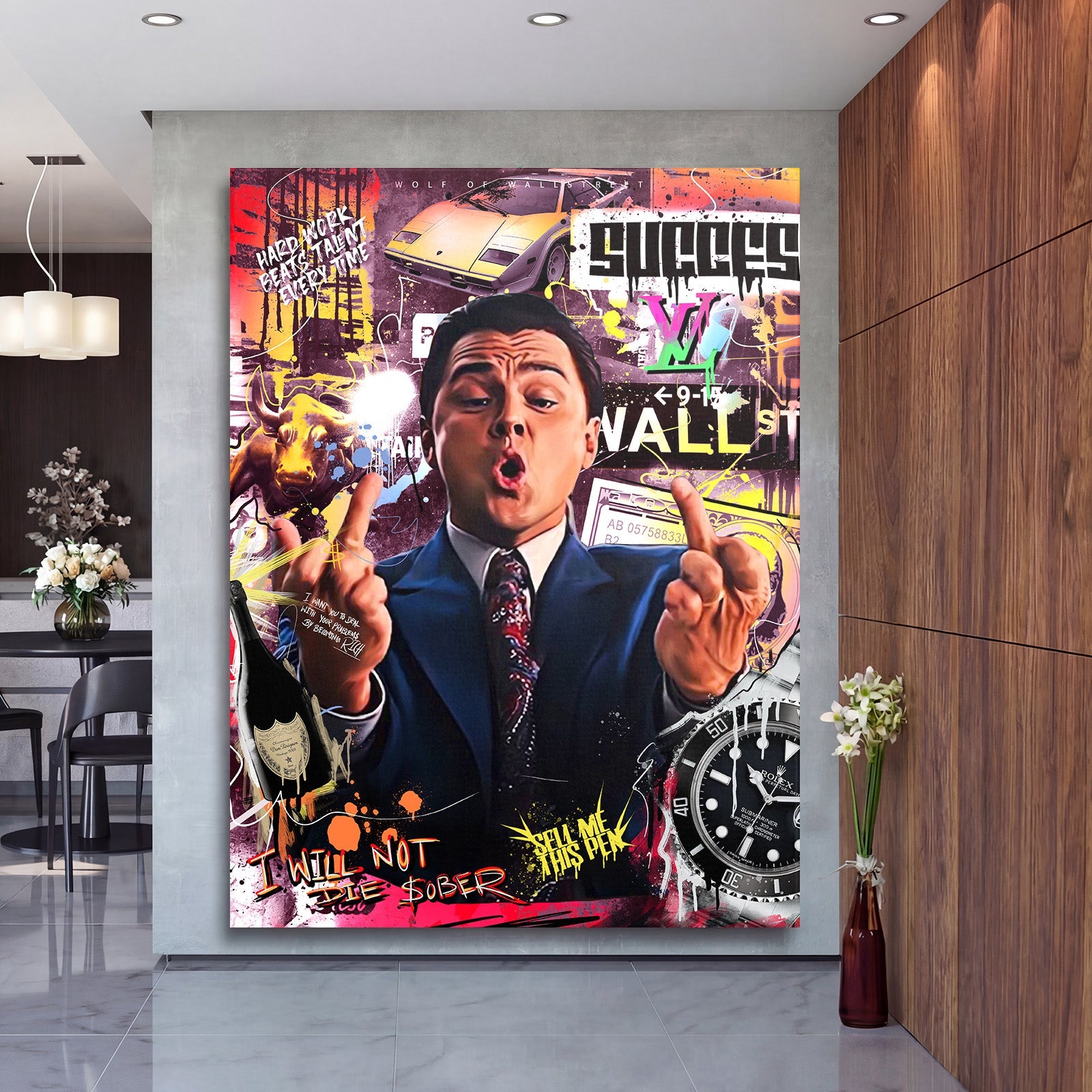 Motivational pop art wall art for a study with a Wolf of Wall Street collage, Lamborghini, bull and Rolex watch