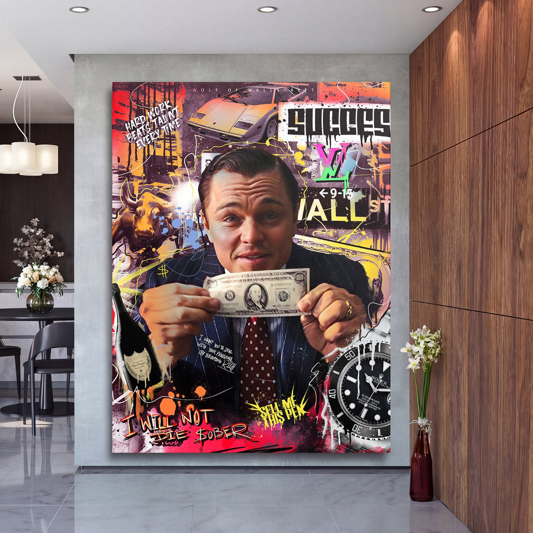 Motivational canvas wall art in a modern living room with a pop art collage of money, a sports car and a bull