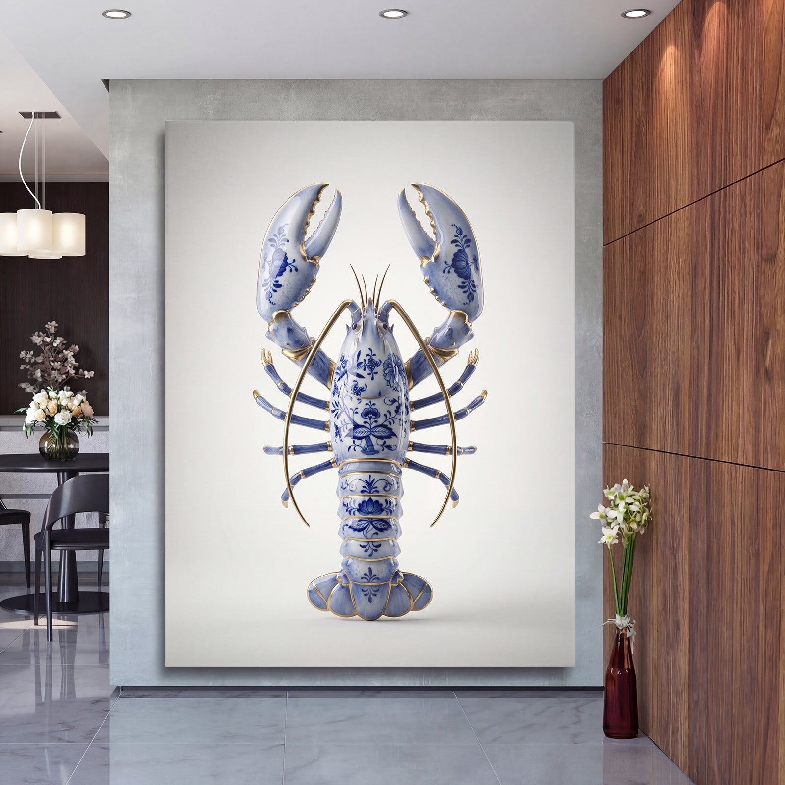 Luxury canvas print for a living room with a blue-and-white porcelain lobster and gold accents, modern art decor