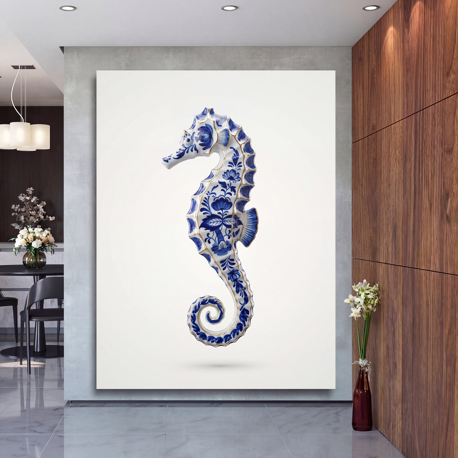 Luxury canvas print with a blue-and-white porcelain seahorse, lifestyle photo in a modern office